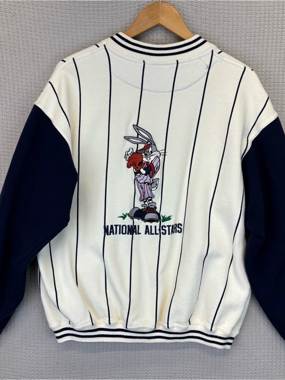 Vintage 90s Looney Tunes Bugs Bunny Navy Blue Striped Baseball Jacket Med ACME